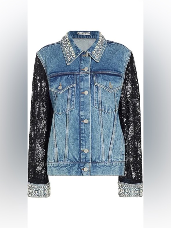 Alice + Olivia Blue Denim Jacket With Black Lace Sleeves And Crystal Trim